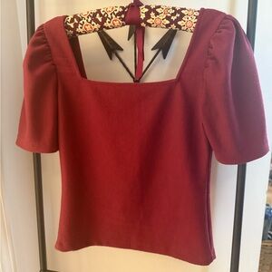 Club Monaco Puff Sleeve Square Neck Top - Burgundy, Size XS
